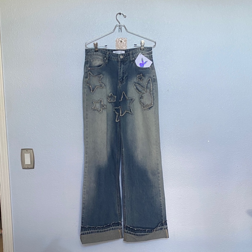 PLAYBOY Blue Flare Jeans with Star and Bunny Accents